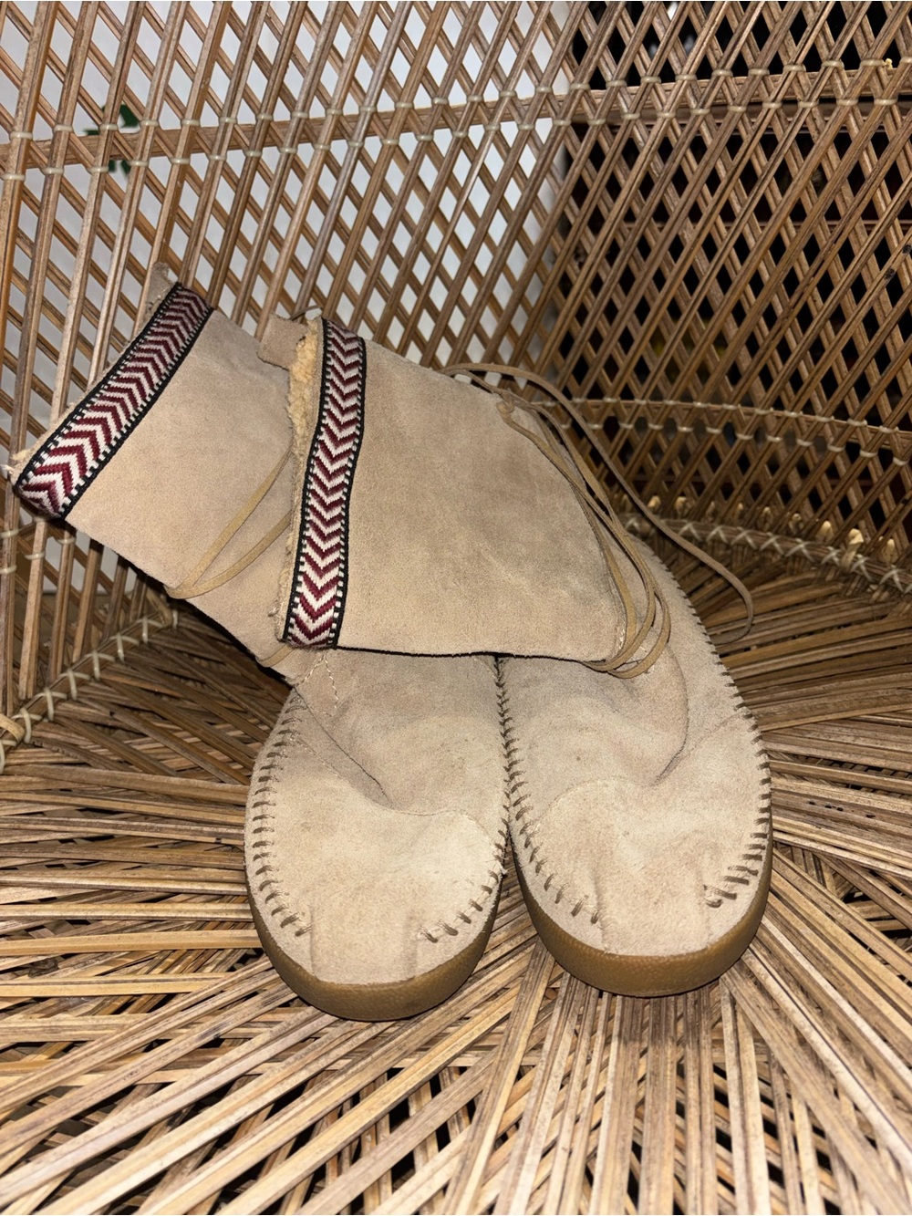 Toms Beige Suede Ankle Moccasins with Red Accent Trim